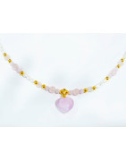 Collier Perles d'Eau Douce Grain de Riz  Cœur Kunzite Perles et Cœurs Quartz Rose 44 cm