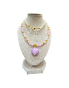 Collier Perles d'Eau Douce Grain de Riz  Cœur Kunzite Perles et Cœurs Quartz Rose 44 cm