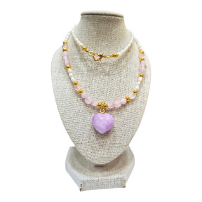 Collier Perles d'Eau Douce Grain de Riz  Cœur Kunzite Perles et Cœurs Quartz Rose 44 cm