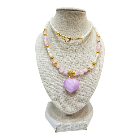 Collier Perles d'Eau Douce Grain de Riz  Cœur Kunzite Perles et Cœurs Quartz Rose 44 cm
