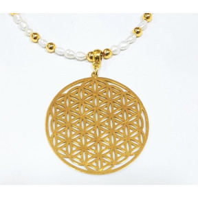 Collier Perles d'Eau Douce Grain de Riz Médaillon Fleur de Vie Plaqué Or 4cm 52cm
