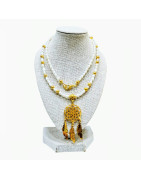 Collier Perles d'Eau Douce Grain de Riz Médaillon Attrape-Rêves Plaqué Or 48 cm