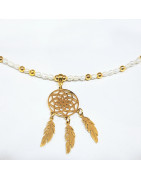 Collier Perles d'Eau Douce Grain de Riz Médaillon Attrape-Rêves Plaqué Or 48 cm