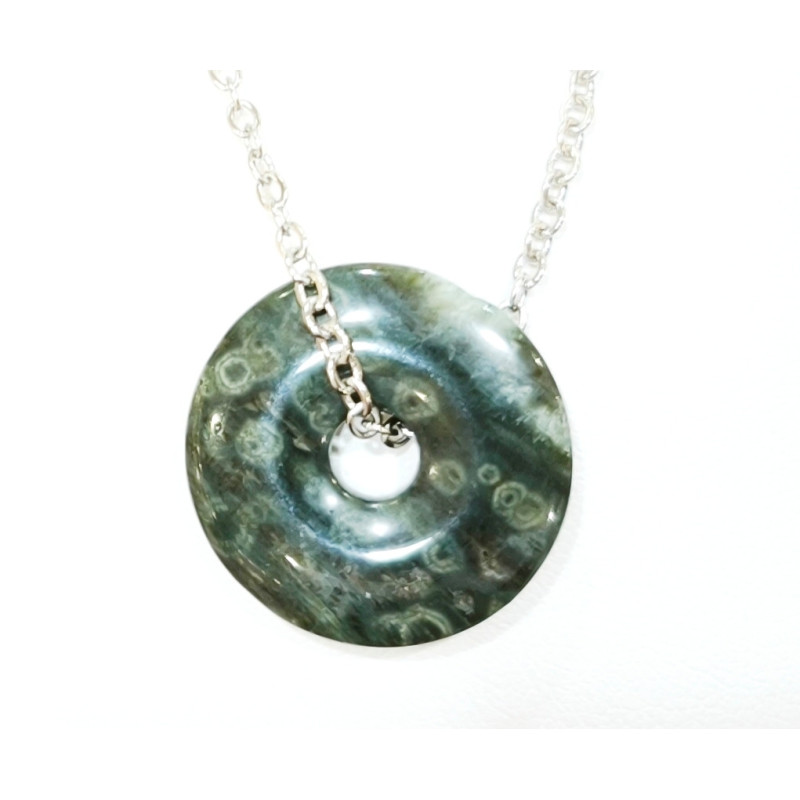Pendentif Jaspe Océan Vert Foncé Donut 2 cm sur Chaîne Acier 44 cm