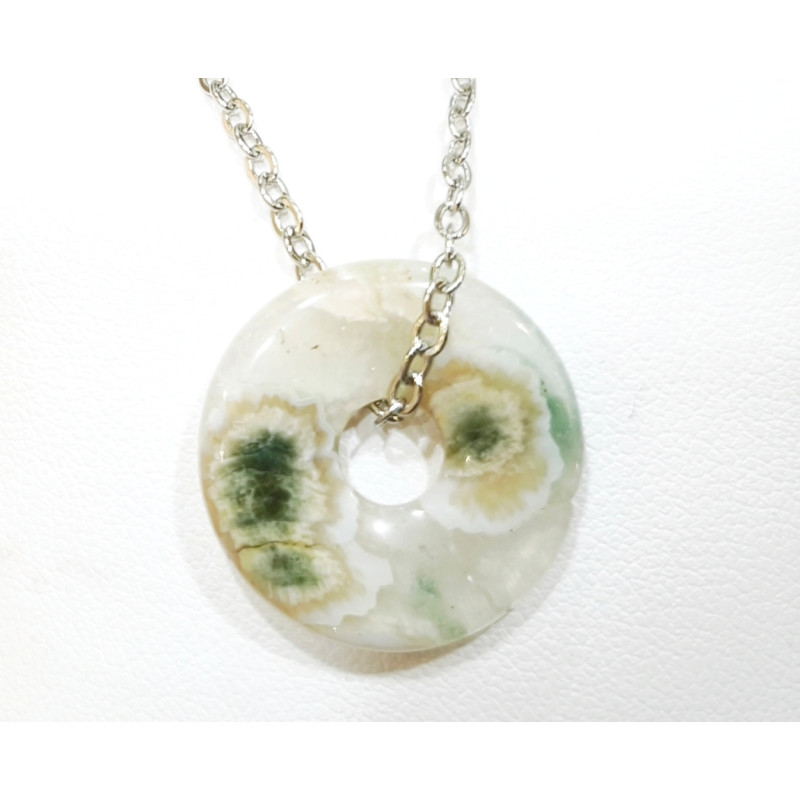 Pendentif Jaspe Océan Vert Clair Donut 2 cm sur Chaîne Acier 44 cm