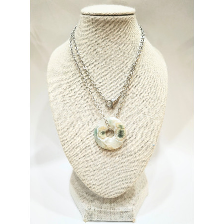 Pendentif Jaspe Océan Vert Clair Donut 2 cm sur Chaîne Acier 44 cm