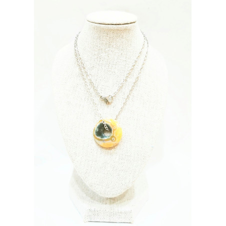 Pendentif Jaspe Océan Vert et Jaune Donut 2 cm sur Chaîne Acier 44 cm