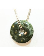 Pendentif Jaspe Océan Vert Foncé Donut 1.8 cm sur Chaîne Acier 44 cm