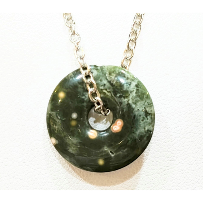Pendentif Jaspe Océan Vert Foncé Donut 1.8 cm sur Chaîne Acier 44 cm