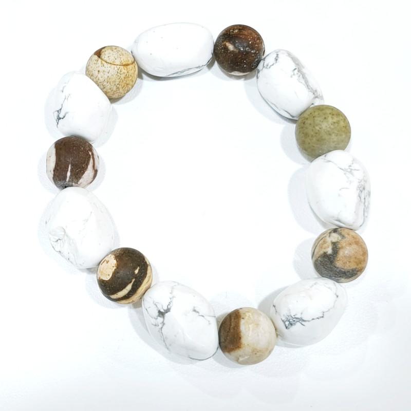 Bracelet Howlite Pierres et Roulées et jaspe Zèbre Marron Mat Pierres Rondes 10mm