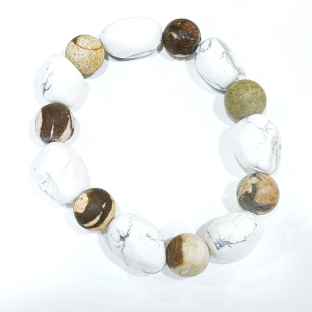 Bracelet Howlite Pierres et Roulées et jaspe Zèbre Marron Mat Pierres Rondes 10mm