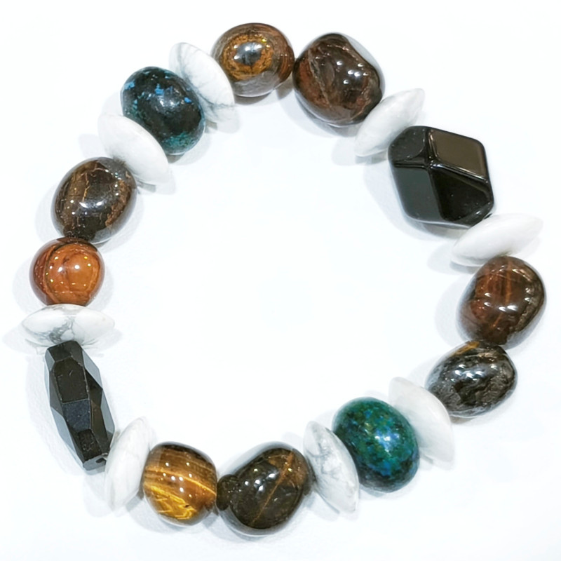 Bracelet Howlite Œil de Tigre Œil de fer Chrysocolle et Onyx Facettée