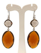 Boucles Citrine Madère Ovale Facettée et Quartz Fumé Carré Facetté Argent 925