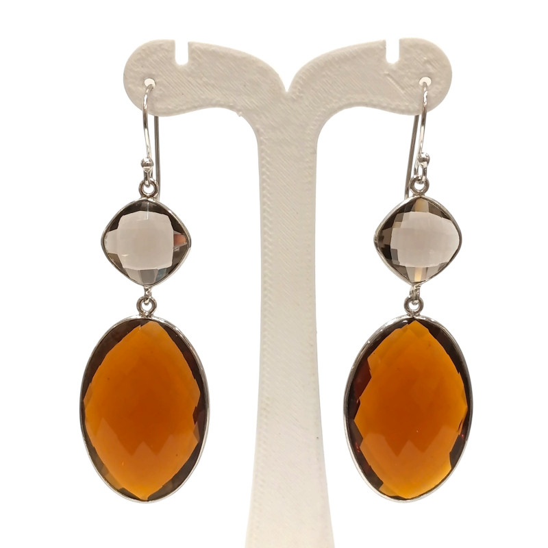 Boucles Citrine Madère Ovale Facettée et Quartz Fumé Carré Facetté Argent 925