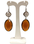 Boucles Citrine Madère Ovale Facettée et Quartz Fumé Carré Facetté Argent 925