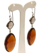 Boucles Citrine Madère Ovale Facettée et Quartz Fumé Carré Facetté Argent 925