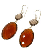 Boucles Citrine Madère Ovale Facettée et Quartz Fumé Carré Facetté Argent 925
