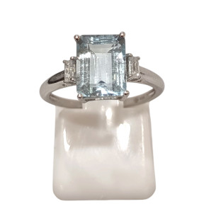 Bague Aigue Marine et Topaze Blanche Rectangulaire Facettée Argent 925 Taille 51