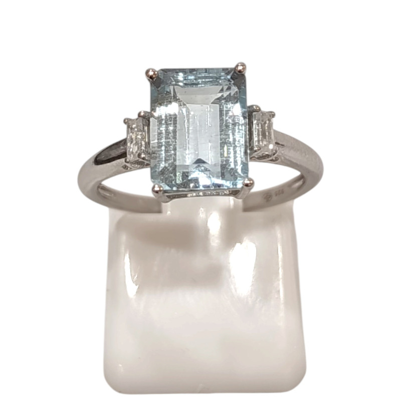 Bague Aigue Marine et Topaze Blanche Rectangulaire Facettée Argent 925 Taille 51