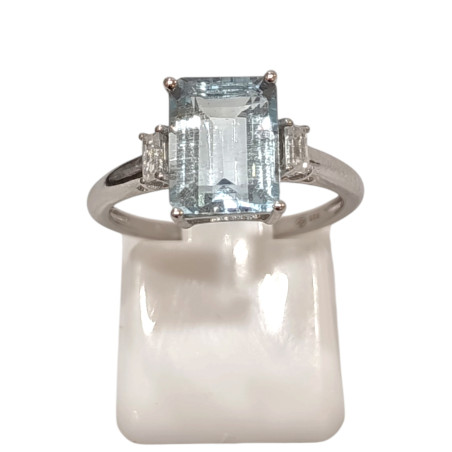 Bague Aigue Marine et Topaze Blanche Rectangulaire Facettée Argent 925 Taille 51