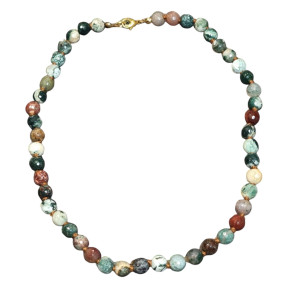 Collier Agate mousse et Arbre facettée Pierres rondes 8mm avec Fermoir Doré 46 cm