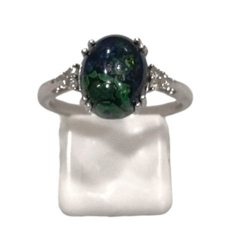 Bague Azurite Ovale et Topaze Blanche Ronde Facettée Argent 925 Taille 57