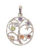 Pendentif Améthyste Iolite Topaze Péridot Citrine Agate De Feu Grenat (7 Chakras) Arbre de Vie Argent 925
