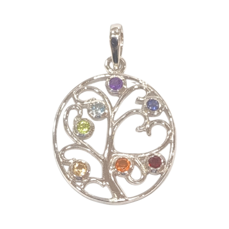 Pendentif 7 Chakras Multi Pierres Arbre de Vie Argent 925