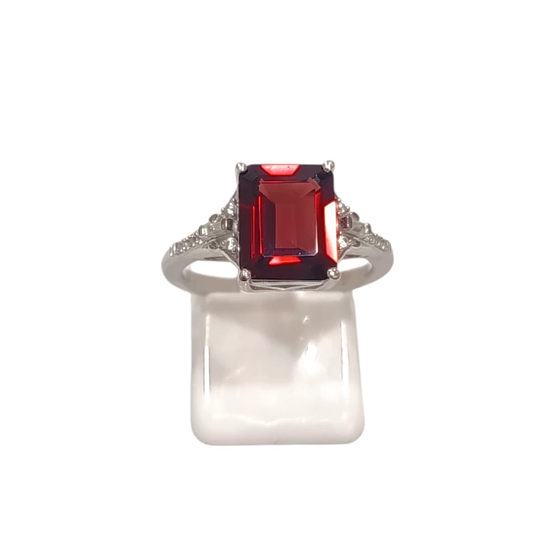 Bague Grenat Rectangulaire et Topaze Blanche Facettés Argent 925 Taille 54+