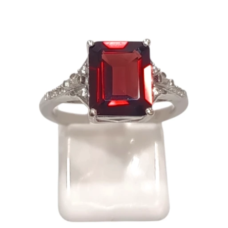 Bague Grenat Rectangulaire et Topaze Blanche Facettés Argent 925 Taille 54+
