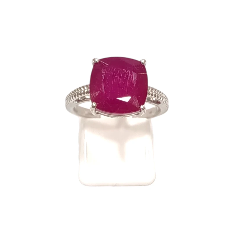 Bague Rubis Carré Facetté Argent 925 Ciselé Taille 55