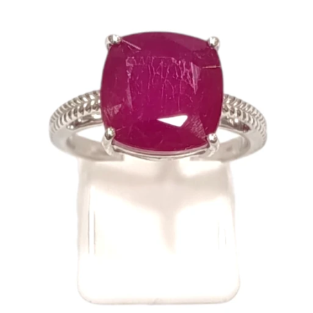 Bague Rubis Carré Facetté Argent 925 Ciselé Taille 55