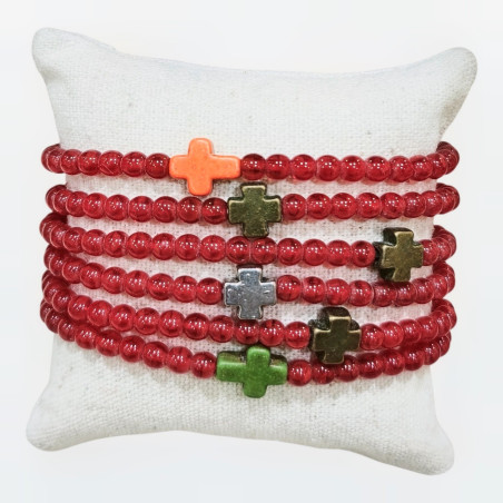 Bracelet Perles de Verre Rouge 4mm Croix