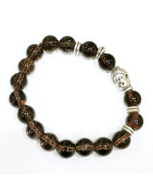 Bracelet Quartz Fumé Morion avec Inserts et Tête de Bouddha Acier Pierres Ronde 8mm Enfant