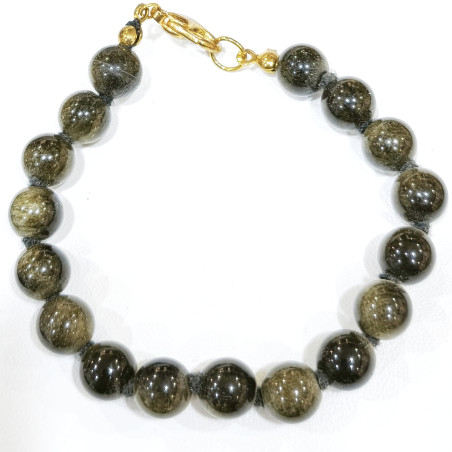 Bracelet Obsidienne Dorée Pierres Rondes 8mm avec Fermoir 18 cm
