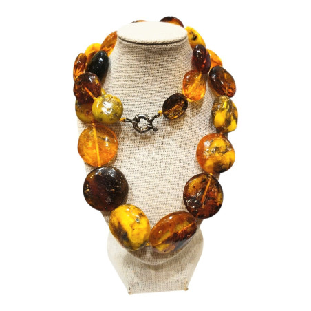Collier Ambre Baltique Multicolore "Pièces de Monnaie" avec Fermoir 56 cm