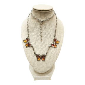Collier Ambre Baltique Cognac 3 Papillons Argent 925 42  + 3 cm