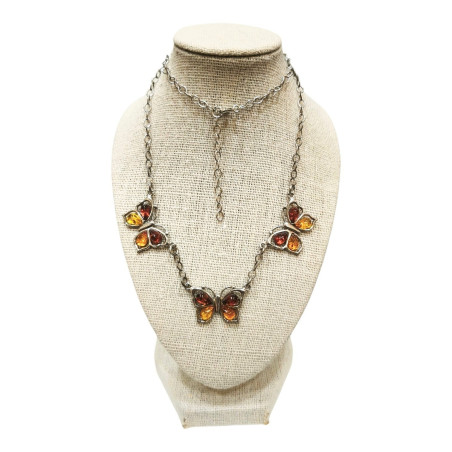Collier Ambre Baltique Cognac 3 Papillons Argent 925 42  + 3 cm