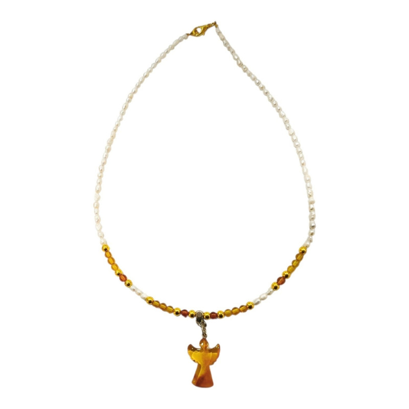 Collier Ambre 4mm et Perles d'Eau Douce Grains de Riz 44 cm Pendentif Ange 2cm