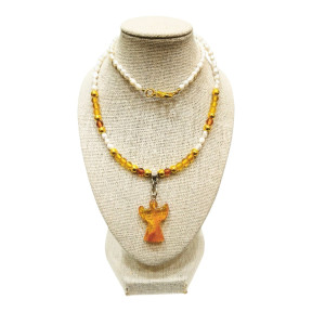 Collier Ambre 4mm et Perles d'Eau Douce Grains de Riz 44 cm Pendentif Ange 2cm