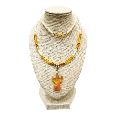 Collier Ambre 4mm et Perles d'Eau Douce Grains de Riz 44 cm Pendentif Ange 2cm