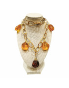 Collier Ambre Baltique Cognac Maillons Argent 925 Plaqué Or (Vermeil ) avec Fermoir 45 cm