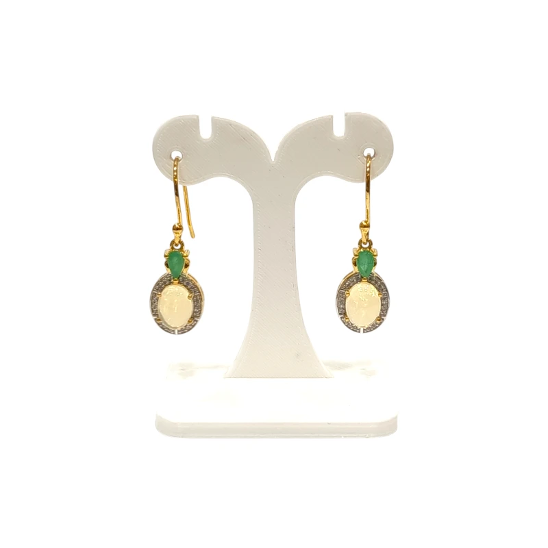 Boucles Opale Ovale Topaze Blanche Ronde et Emeraude Goutte Argent 925 Plaqué Or