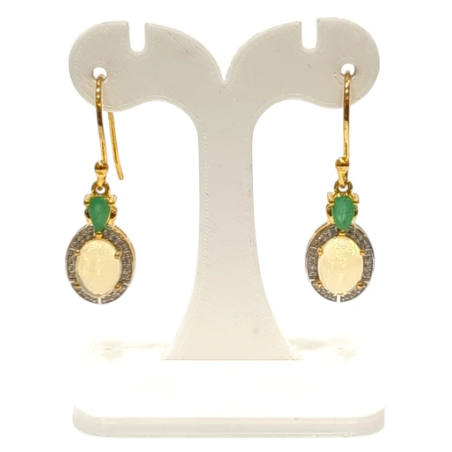 Boucles Opale Ovale Topaze Blanche Ronde et Emeraude Goutte Argent 925 Plaqué Or
