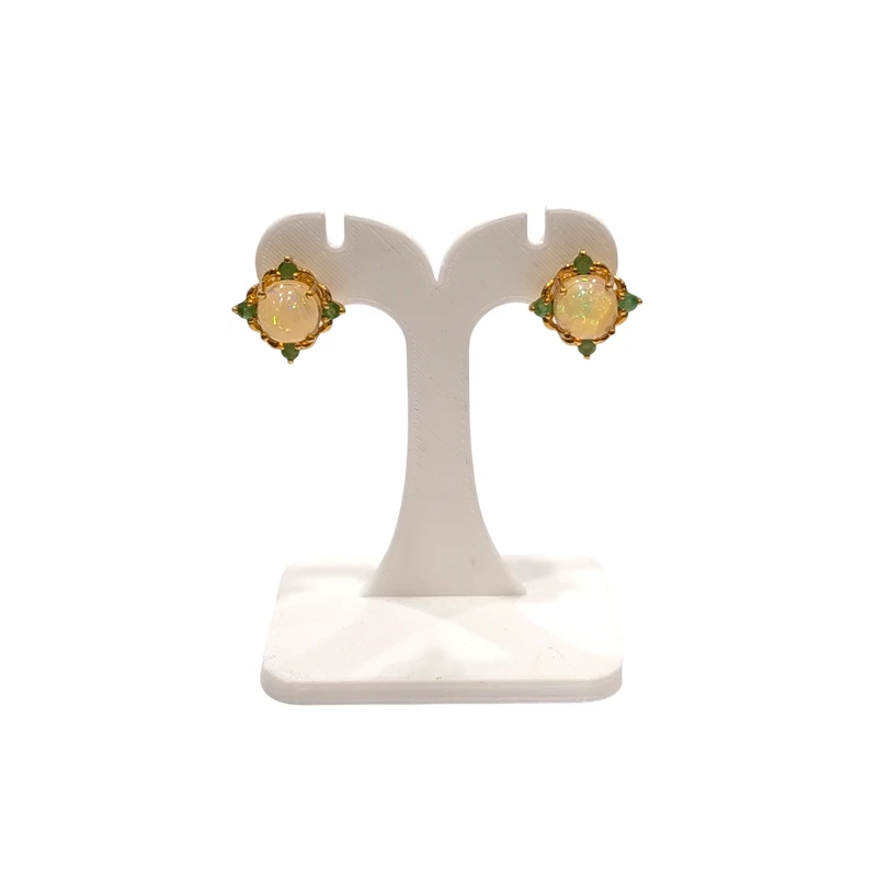 Boucles Opale et Emeraude Rondes Argent 925 Plaqué Or "Vermeil"