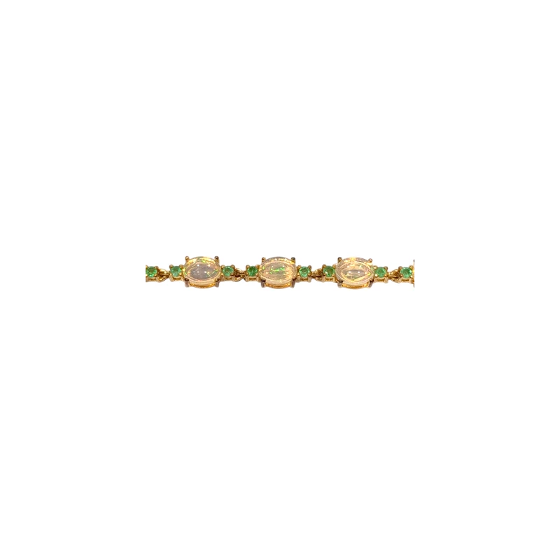 Bracelet Opale Ovale et Emeraude Ronde 18cm + 2cm Argent 925 Plaqué Or