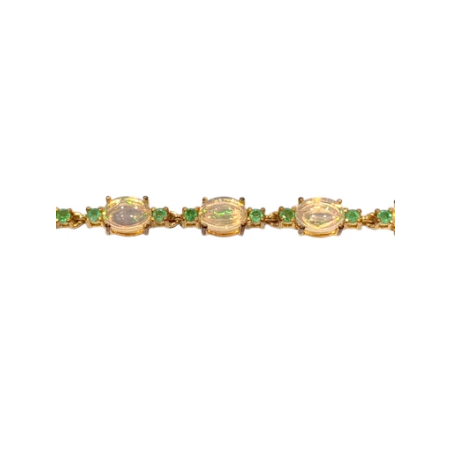 Bracelet Opale Ovale et Emeraude Ronde 18cm + 2cm Argent 925 Plaqué Or