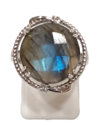 Bague Labradorite Topaze Blanche Rondes Facettées Argent 925 Ciselé Taille 54