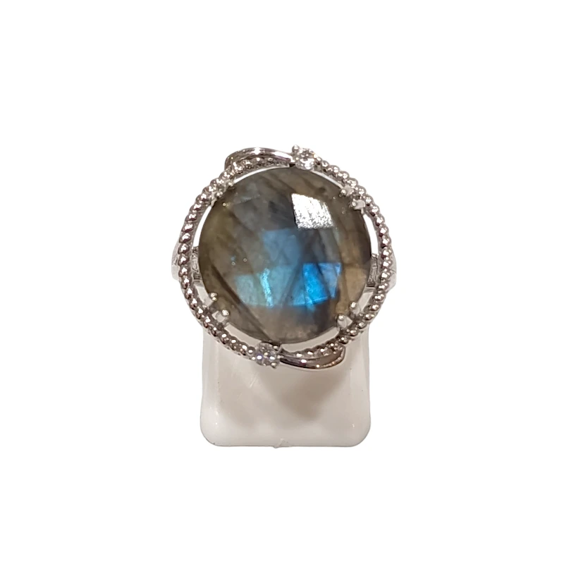 Bague Labradorite Topaze Blanche Rondes Facettées Argent 925 Ciselé Taille 54