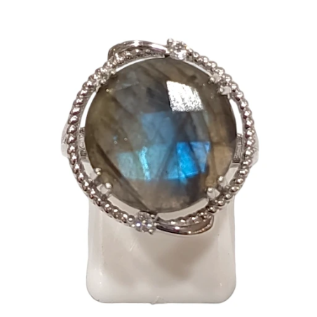 Bague Labradorite Topaze Blanche Rondes Facettées Argent 925 Ciselé Taille 54